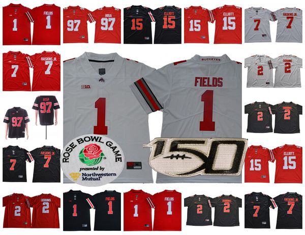 

ncaa ohio state buckeyes football 150 patch 1 justin fields 2 jk dobbins 7 dwayne haskins jr 97 nick bosa 15 elliott osu jerseys rose bowl, Black;red