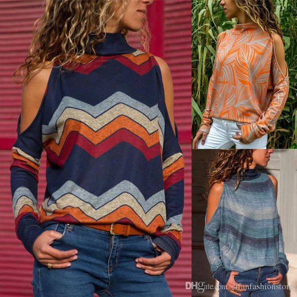 

women blouses cold shoulder casual turtleneck knitted jumper pullover print long sleeve shirt blusas camisas mujer, White