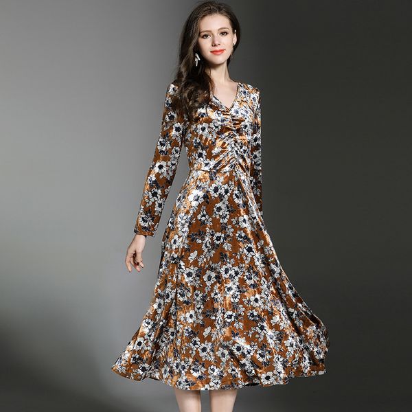 

мода новый женский v-образным вырезом плиссированные талии бархат печатных темперамент тонкий похудения платье бесплатная доставка z-11-36, Black;gray