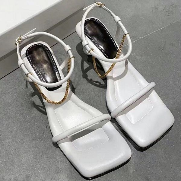 

2020 women's sandals genuine leather high heels sandals womens fashion square head chain shoes for women, Black
