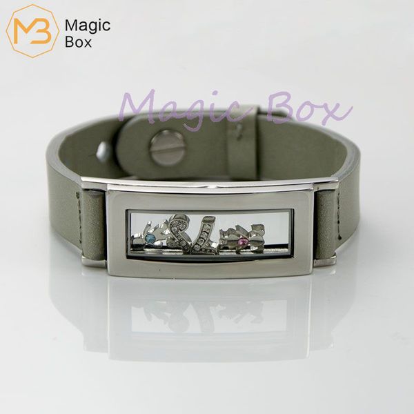 

black leather bracelet men glass bracelet floating charm medallion locket stainless steel fashion ablelong charm bracelet strap, Golden;silver