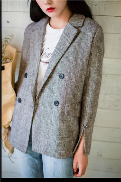 

autumn 2019 british vintage gray plaid double breasted blazer chic cuff slit loose small suit office lady, White;black