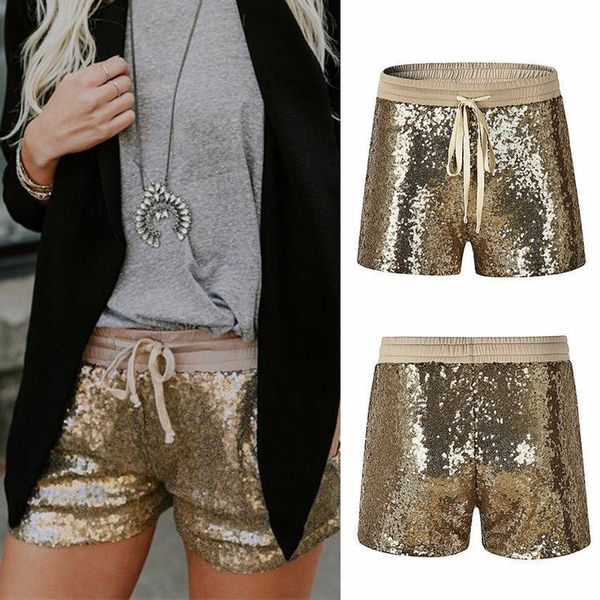 

2019 fashion trend women sequin shiny casual night party stretch ants shorts elastic waist lace up solid casual shorts