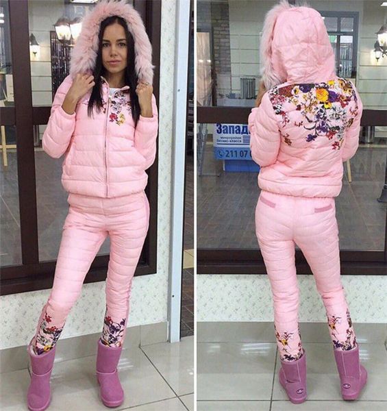 

women's real plush collar down cotton suit cotton jacket + trousers autumn winter hat zipper 2 pieces set, White