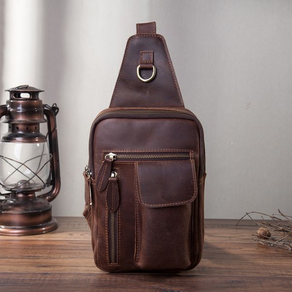 

men quality leather fashion casual triangle chest sling bag brown 8" tablet design travel daypack one shoulder bag male 9809