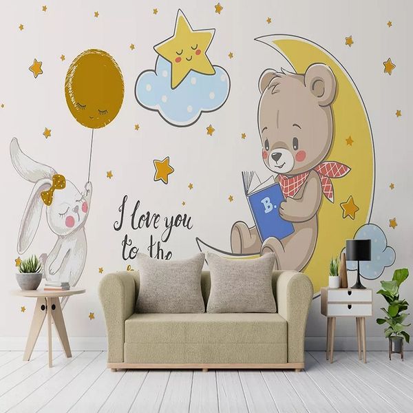 

custom large mural 3d wallpaper cartoon nordic minimalistic cute bear moon bedroom mural tv back wall decor deep 5d embossed