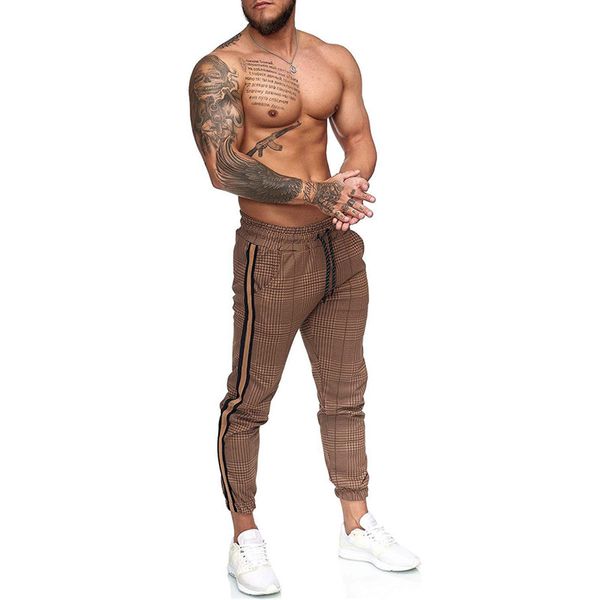 

casual men's chinos skinny mens tight pants color-matching casual stretch pencil pants side stripe joggers men streetwear, Black
