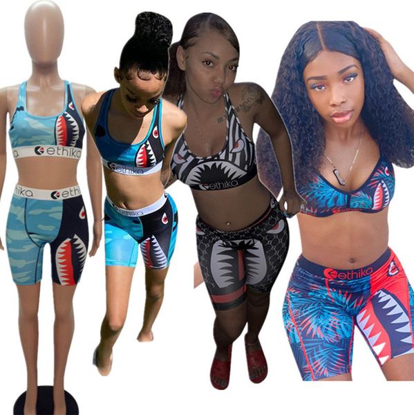 

cartoon shark print tracksuit swimsuit summer push up bra vest + shorts short-pants 2 piece set camo outfits bodycon swimwear sports suit dh, White