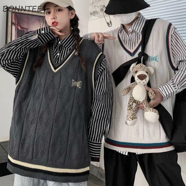 

свитер жилет мужчины вышивка v-образным вырезом chic ins пары простой все-матч без рукавов свитера мужская уличная одежда жилет старинные по, Black;white