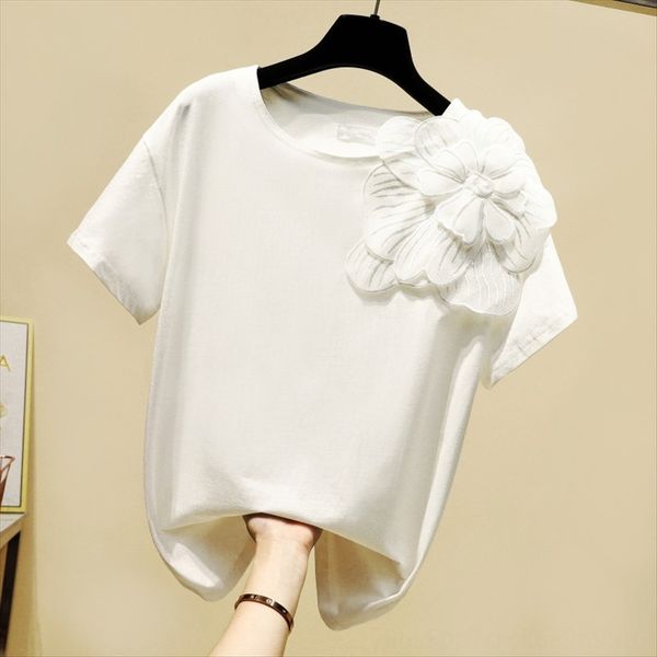 

2020 handmade stereo flower decorated short-sleeved t-shirt women's casual all-match fashion 2020 handmade stereo flower decorated shor, White