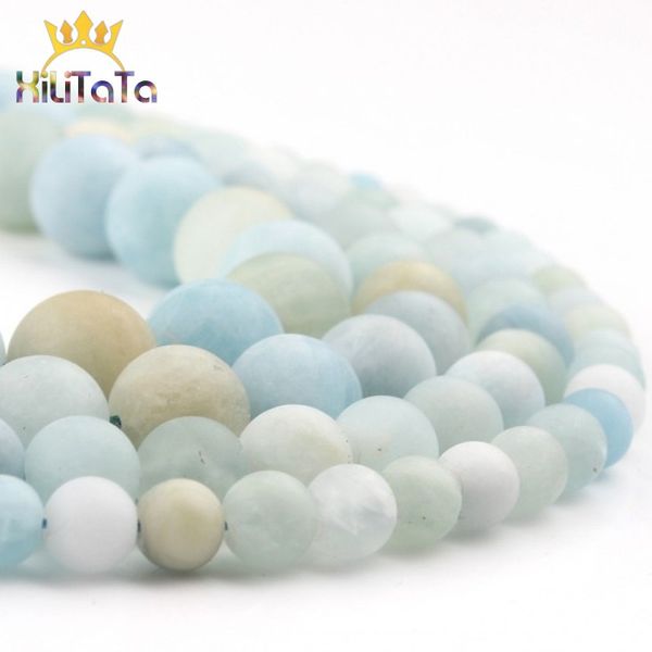 

natural aquamarines stone beads dull polish matte round genuine loose beads for jewelry making diy bracelet 15'' 6 8 10 12mm