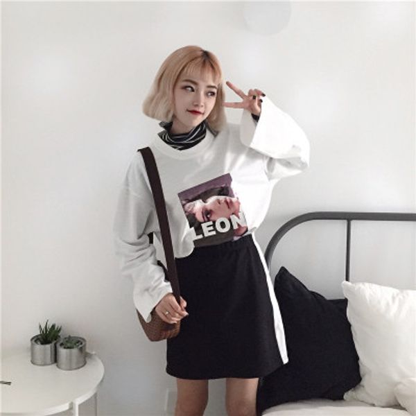 

korean version of ulzzang autumn new harajuku characters print bat long sleeve loose student round neck t-shirt sweater women, White
