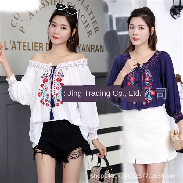 

2019 holiday style ethnic style embroidery shoulder two-wear ethnic group embroidery nationality t-shirt short fashion, White