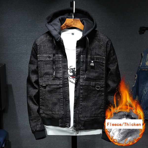

new thicken fleece short black denim jacket men winter warm plus velvet hooded coat male fur collar casual cowboy jackets, Black;brown