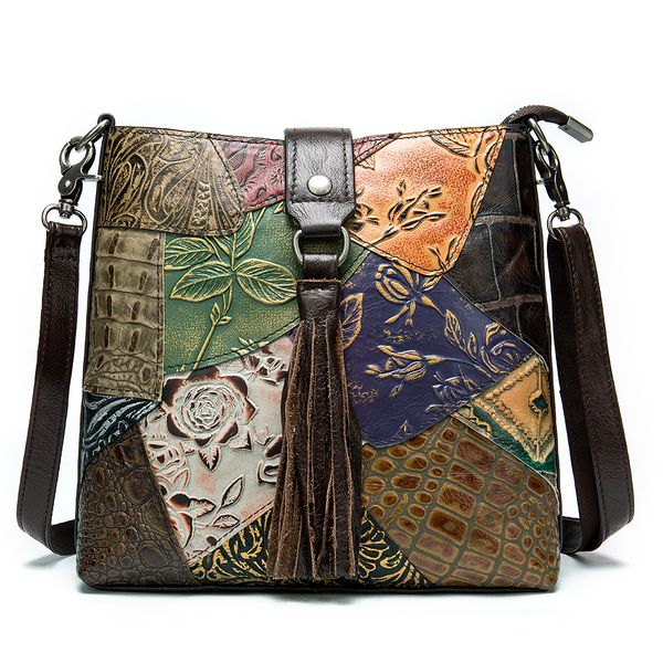 

real cowhide women crossbody shoulder messenger bags national style ladies leisure tussle flap pouch genuine leather female bag