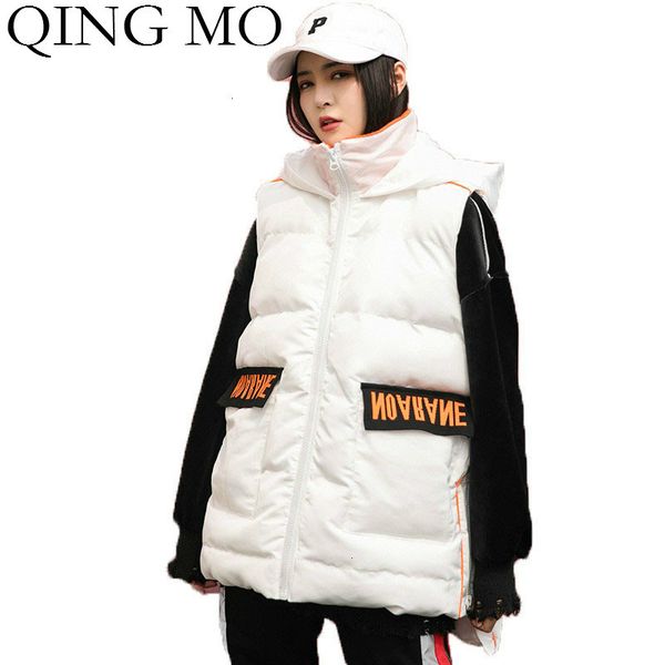 

qing mo black white women hooded vest 2019 women striped waistcoat winter thick warm cotton padded coat letter pockets zqy2383