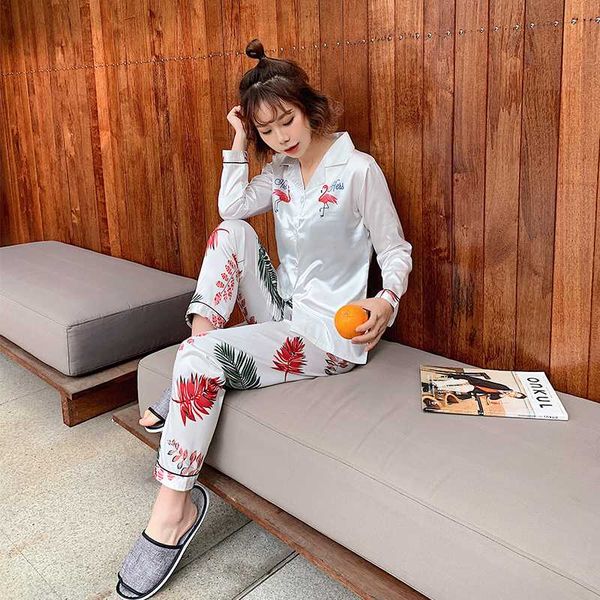 

2 pcs shirt+pants home wear women faux slik satin cartoon animal pajamas sets for woman long sleeve sleepwear pyjama femme, Blue;gray