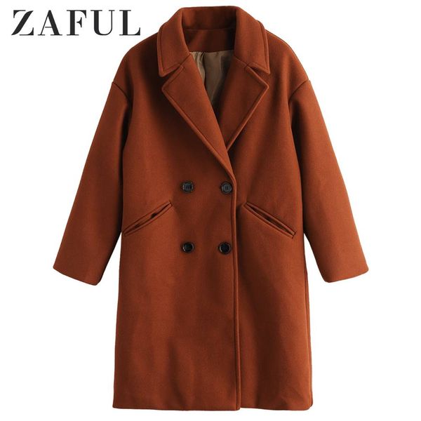 

zaful pockets double breasted lapel coat for women wide-waisted long sleeve buttoned solid color longline autumn winter, Black
