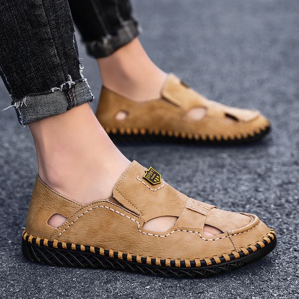 

genuine leather sandals men handmade sewing classic outdoor beach sandals men breathable water trekking shoes big size 48, Black