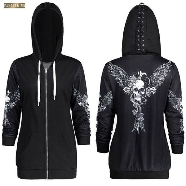 

1color 5 size kpop clothes black 100% silk jacket sweatshirts punk long sleeve skull wings print hooded hoodies zipper coat