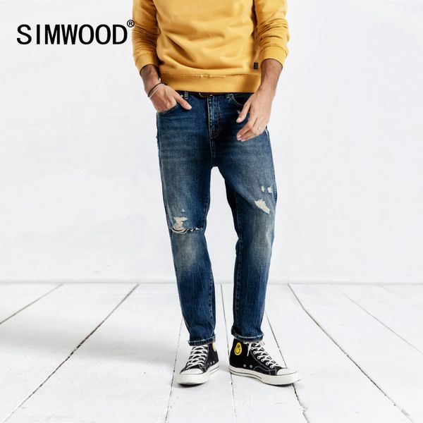 

simwood 2019 casual jeans men fashion ankle-length pants slim fit denim pants trousers brand clothing hole streetwear 190037, Blue