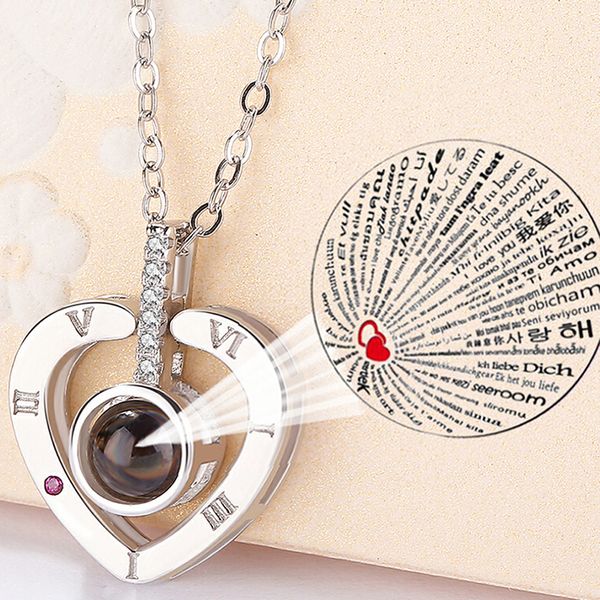 

love memory wedding necklace 100 languages i love you projection pendant necklace, Silver
