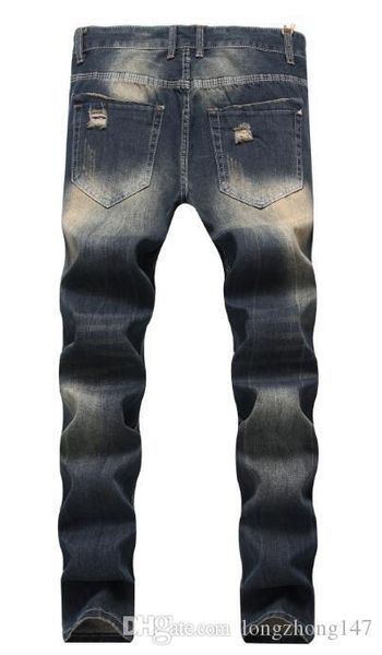 

men biker jeans straight jeans high elasticity hole trousers broken pants man's bleached rippid pants slim skinny casual jeans, Blue