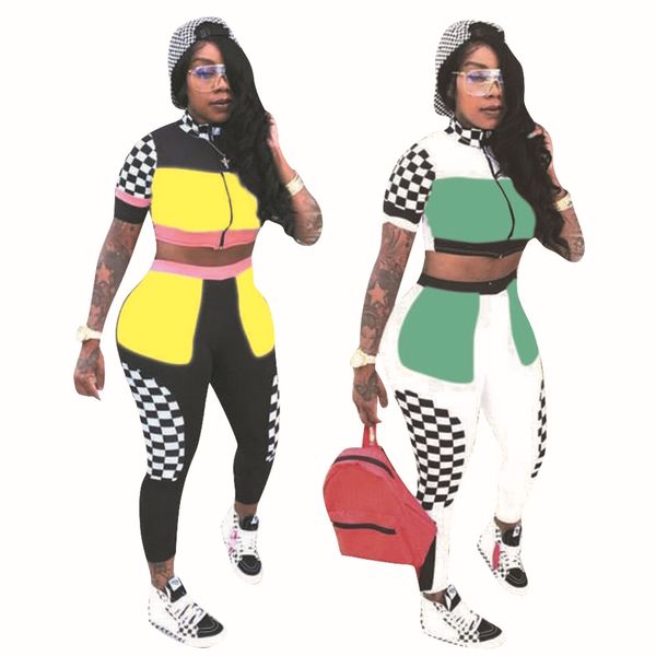 

contrast color plaid printed fashion two pieces set zip up tutrtleneck collar crop elastic waist skinny leggings suit, Gray