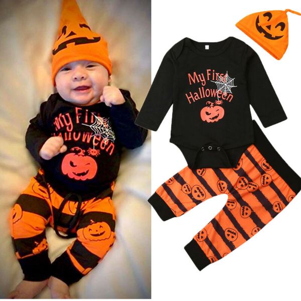 

newborn baby girls boys my 1st halloween bodysuit letter romper pants outfits costume autumn clothing, White