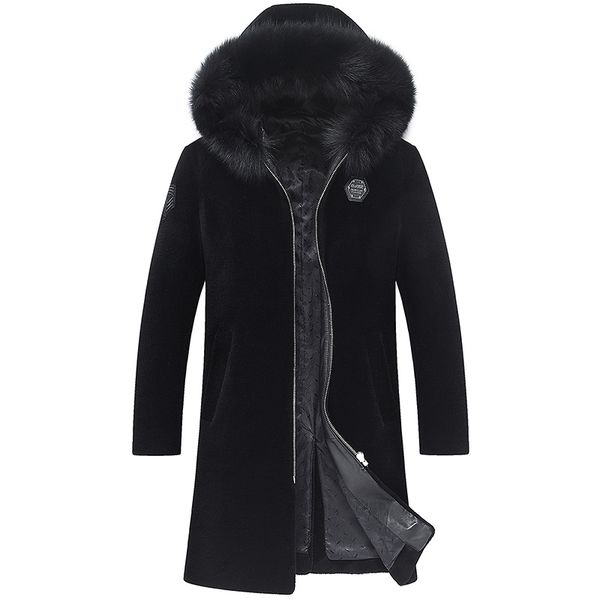 

real fur coat winter jacket men real fur collar sheep shearling coats man warm wool jackets plus size veste homme my1840, Black