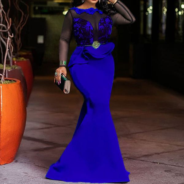 

royal blue женщины длинные макси платья элегантный кружева партии ужин русалка труба африканский оборками falbala femme vestiods robe платье, Black;pink