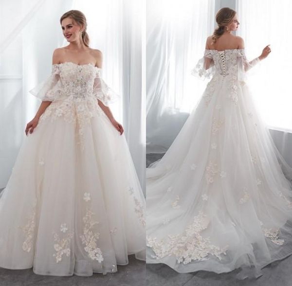 

Ruffles Arabic Dubai Spring Lace Ball Gown Wedding Dresses Off the Shoulder Lace-up 3D Appliques Princess Country Style Wedding Bridal Gowns