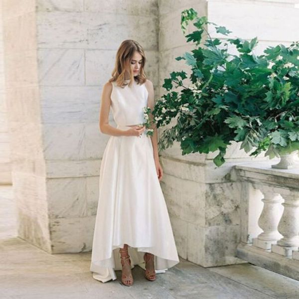 

simple bateau neckline a-line satin high low wedding dresses with sweep train two piece wedding dress zipper up back vestidos de novia satin, White