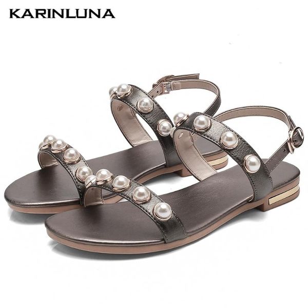 

karin new trendy pearls plus size 46 flat genuine leather comfortable soft walking leisure women shoes sandals, Black