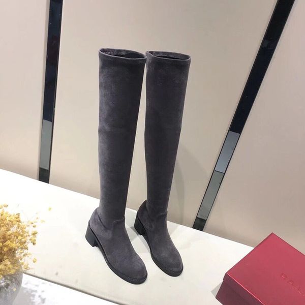 

new autumn and winter plus velvet high-strength elastic boots thick with high-heeled knee long boots female round head riding boots female, Black