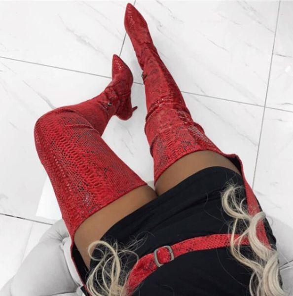 

sestito new fashion women red snakeskin print high heels thigh high boots ladies pointed toe waist boots girls zip shoes, Black