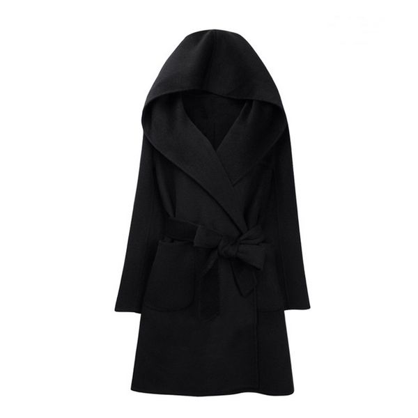 

newly winter women wool coat long sleeve two sides wear belted loose warm woolen jacket hooded outerwear ir-ing, Black