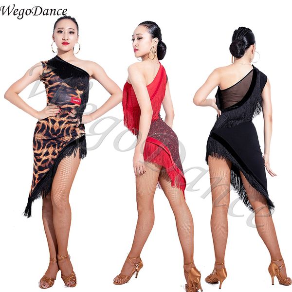 

latin dance slanting shoulder fringes dress leopard tassel ballroom cha cha costume hipping, Black;red
