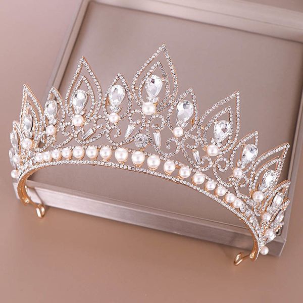 

baroque luxury drop shape crystal crown princess birthday party imitation pearl tiaras headwear bridal wedding hair accesories, Golden;white