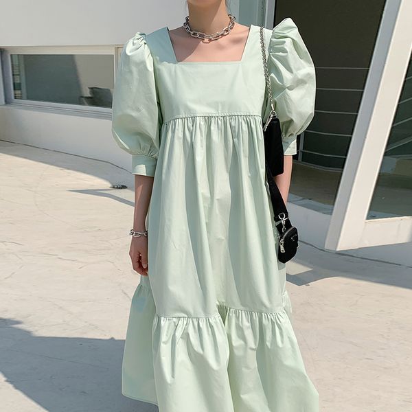 

2020 новое лето женщины урожай сыпучие высокой талией тонкий был тонкий элегантный площади воротник слоеного рукав платья макси, Black;gray