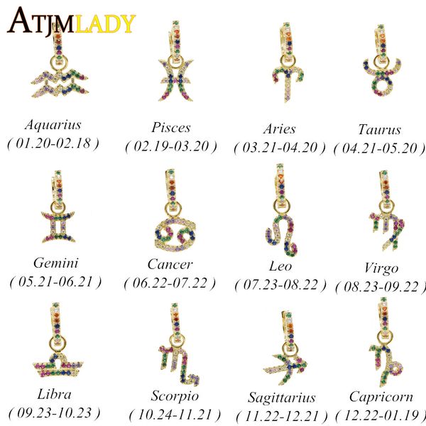 

12 constellations zodiac sign hoop earrings for women girls gold rainbow color cz cubic zirconia fashion anel anillos jewelry, Golden;silver