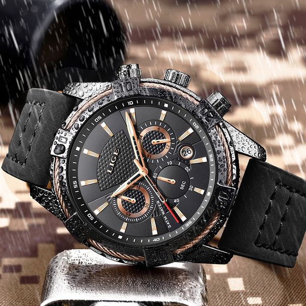 

2019 lige mens watches men casual leather watch men fashion mutifuction chronograph m waterproof sport clock, Slivery;brown