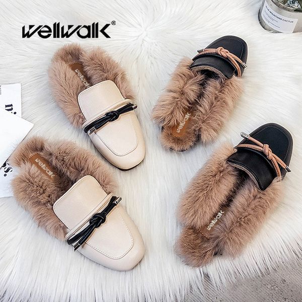 

slippers fur mules shoes women winter loafers slip on plush insole female flat furry moccasins backless woman fashion home, Black