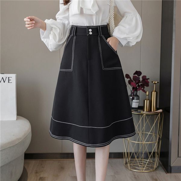 

spring summer 2020 a-line mid long skirt womens high waist single breasted lady office skirt black white pockets casual