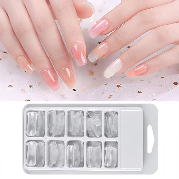 

100 pcs quick building mold tips nail dual forms finger extension nail art uv builder poly gel tool armor plate can be reused, Red;gold