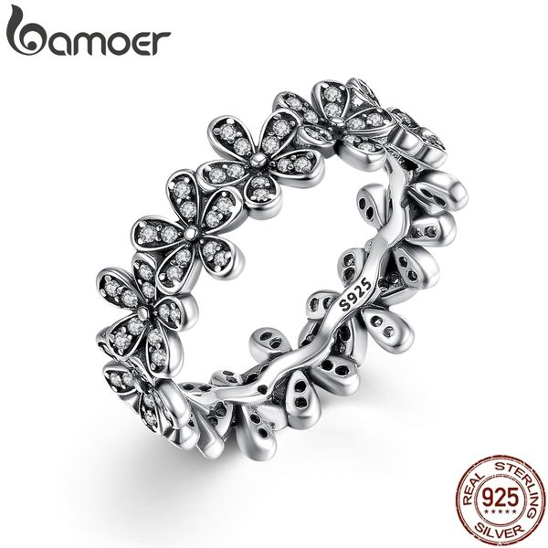 

bamoer 925 sterling silver flowers finger rings dazzling daisy meadow stackable ring, clear cz for women wedding jewelry scr397, Golden;silver