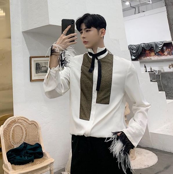 

2019 spring men buckle long sleeve white casual shirt camisa masculina men's punk contrast color temperament men and women shir, White;black