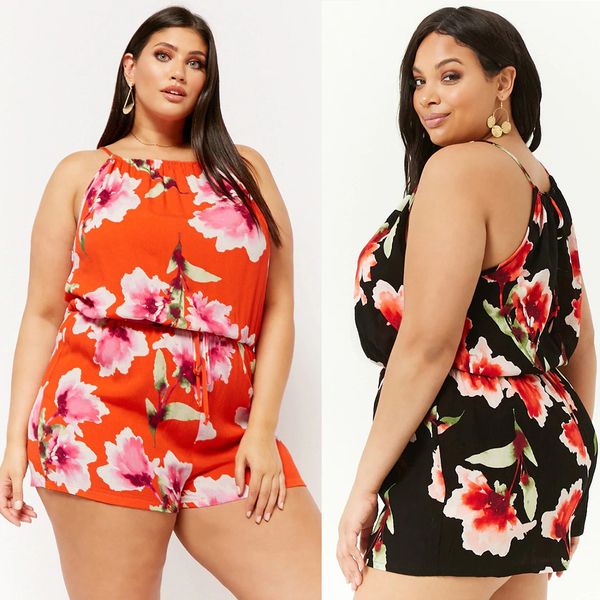 

women's plus size casual o-neck bohemian printed sling sleeveless jumpsuit casual streetwear jumpsuit summer style overalls, Black;white