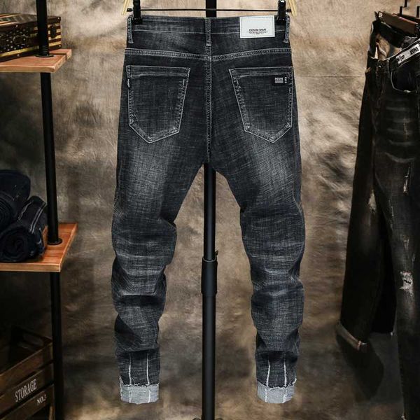 

2020 spring and summer washed denim plus size men's ripped jeans men's loose frayed nine-point pants black light-colored harem, Blue