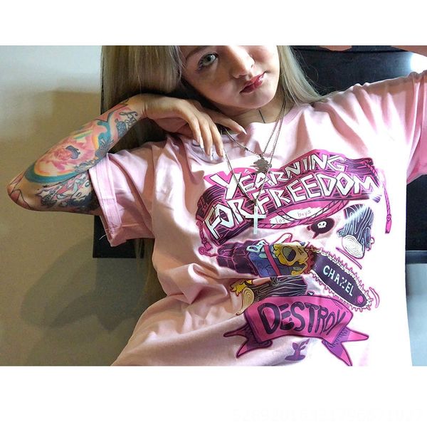 

ulzzang street skateboarding coat t-shirt girl harajuku style pink short sleeve student hip-hop loose t-shirt female fashion, White